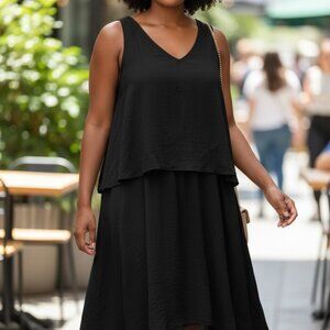 (D-112)Metaphor Black Sleeveless Hi-Low Midi Dress Women’s XL Layered V-Neck